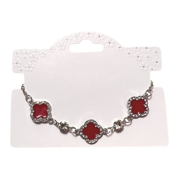 Elegant Red Clover Rhinestone Silver Tone Bracelet - Picture 4 of 4